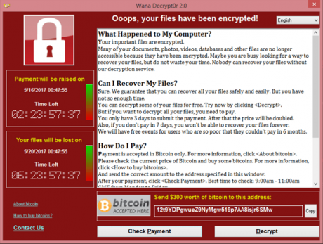 Screenshot of a WannaCry ransomware attack on Windows 8